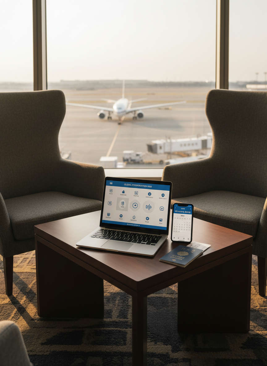 A polished business lounge corner in an airport, featuring a low rectangular table between two high-backed, fabric-covered armchairs, both empty. On the table lie an open laptop showing a virtual interpretation interface, a smartphone with a schedule for Korean business meetings, and a neatly stacked Japanese passport and boarding pass without legible text. Large windows reveal a runway with a distant aircraft in soft blur. Warm afternoon natural light streams in, creating gentle highlights on the devices and soft shadows on the carpet. Captured at eye level in photographic realism, the scene conveys a calm, prepared atmosphere for Korean business trips supported by professional interpreting services.