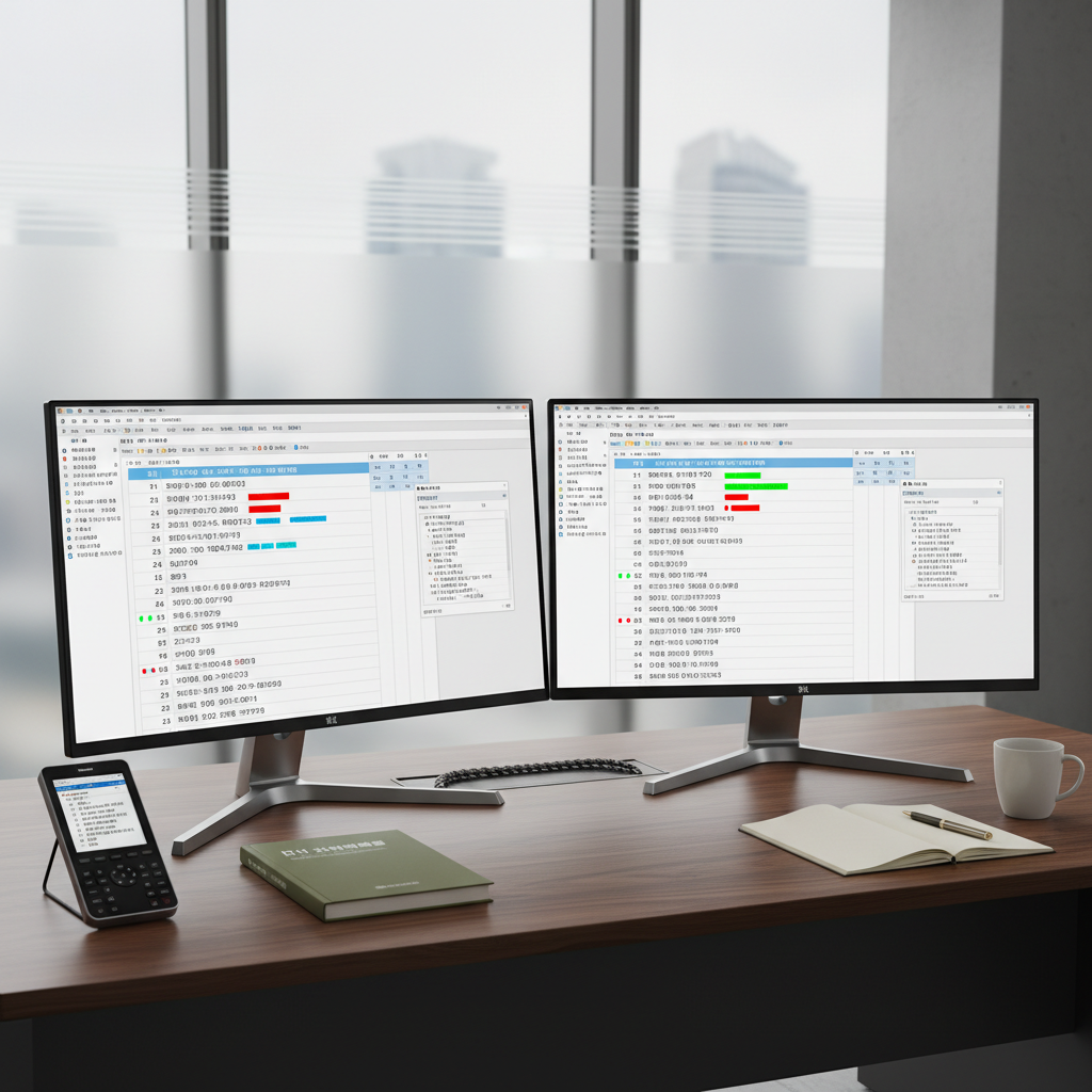 An ultra-clean dual-monitor workstation on a dark walnut desk, one screen showing neatly formatted Japanese text and the other displaying the corresponding Korean translation, with colored annotation markers and terminology windows open. Around the monitors are organized reference materials: a slim electronic dictionary device, a closed technical glossary book, and a minimalist notebook with a metal pen. The office setting is quiet and corporate, with frosted glass partitions and a distant view of office towers. Neutral, soft studio-style lighting eliminates harsh shadows and emphasizes clarity on the screens. Shot from a slightly elevated angle in photographic realism, the composition suggests meticulous, technical translation work for Japanese companies handling Korean documents.