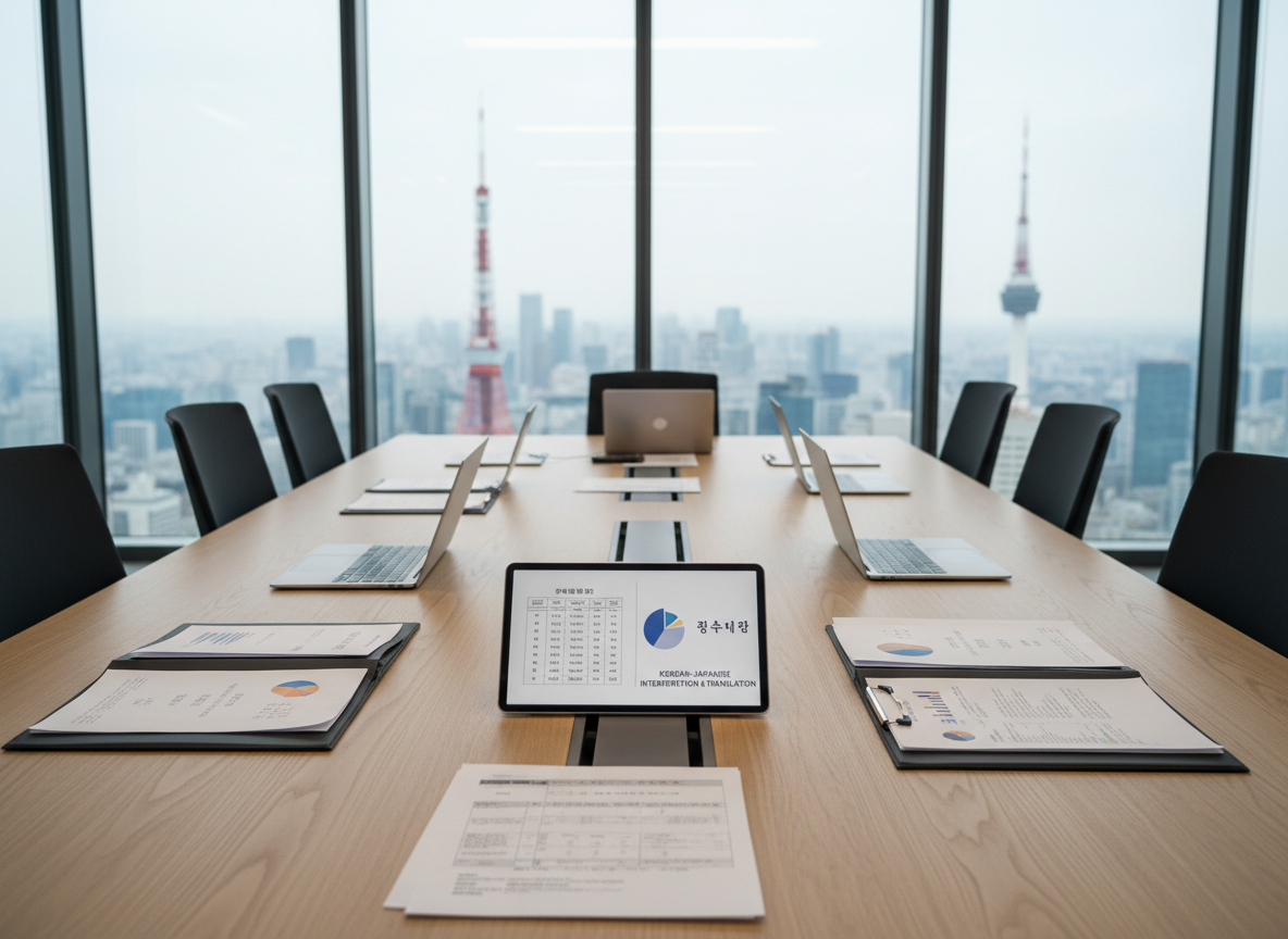 A sleek, modern conference table made of light oak with a smooth matte finish, covered with neatly arranged bilingual business documents in Japanese and Korean, open laptops, and a slim digital tablet displaying side-by-side translations. The table sits in a glass-walled meeting room high in a city office tower, with a faint skyline of both Tokyo and Seoul suggested outside in soft focus. Cool, even daylight fills the room, creating crisp reflections on the tabletop and screens. Photographic realism at eye level, with a slight depth-of-field blur in the background, conveys a calm, professional atmosphere focused on precise, reliable Korean–Japanese interpretation and translation for corporate use.