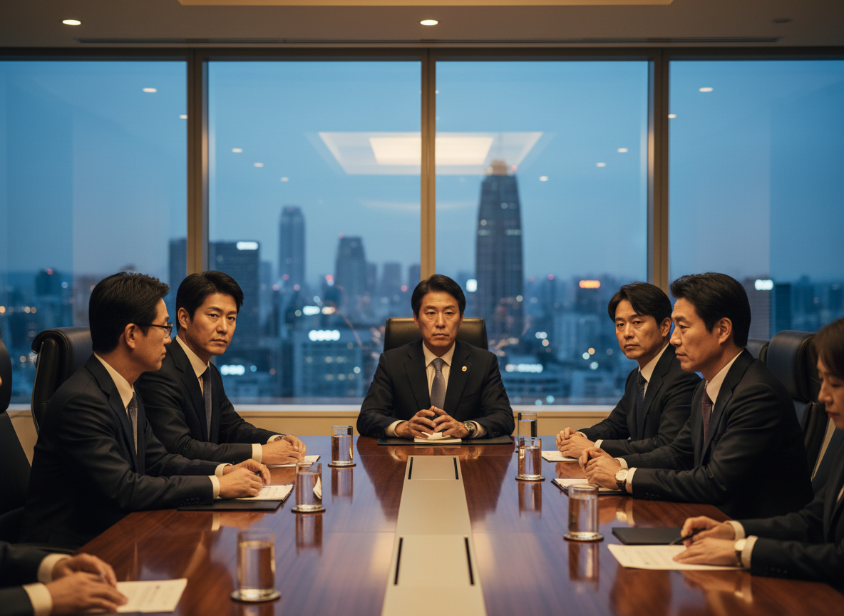 日本企業と韓国企業の役員が近代的なソウルのオフィスで商談を行う様子