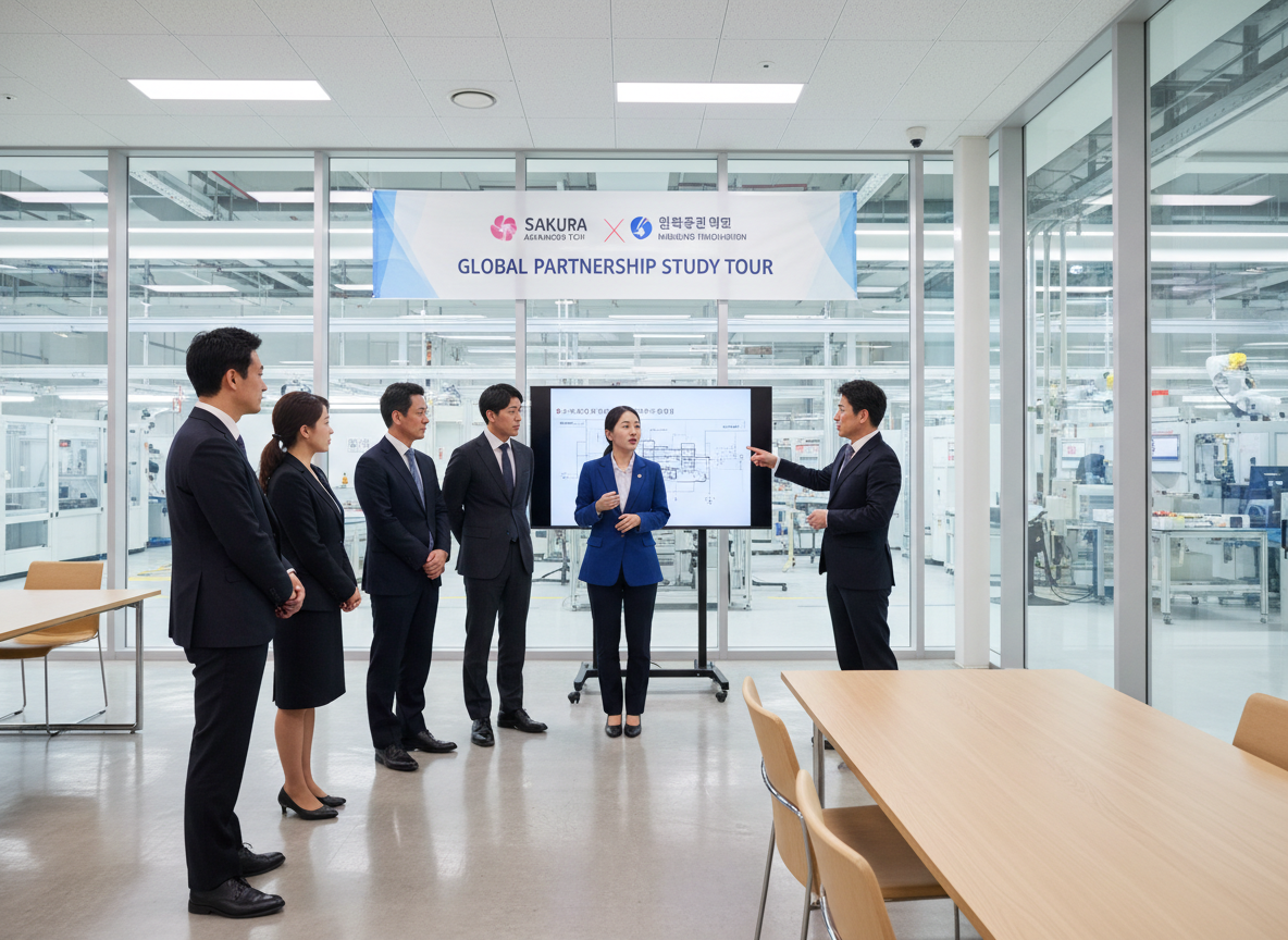 日本企業の役員が韓国の製造施設を視察し、韓国人通訳者が日本語と韓国語のコミュニケーションを橋渡ししている様子。モダンで清潔感のあるビジネス環境。
