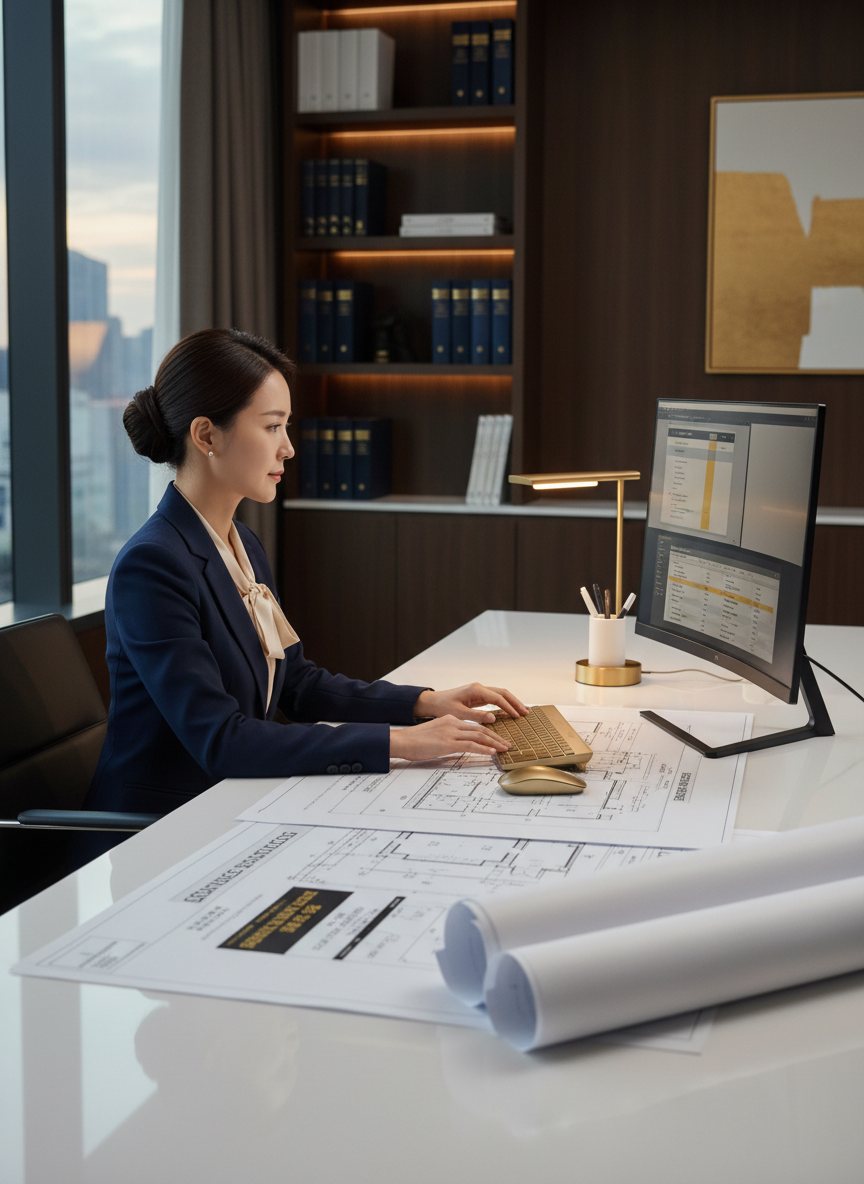 A professional translator working at a clean modern desk with technical documents, blueprints, or engineering schematics spread out. Korean and Japanese text visible on documents. Sophisticated, corporate atmosphere with warm natural lighting. Navy and gold tones. Photorealistic style.