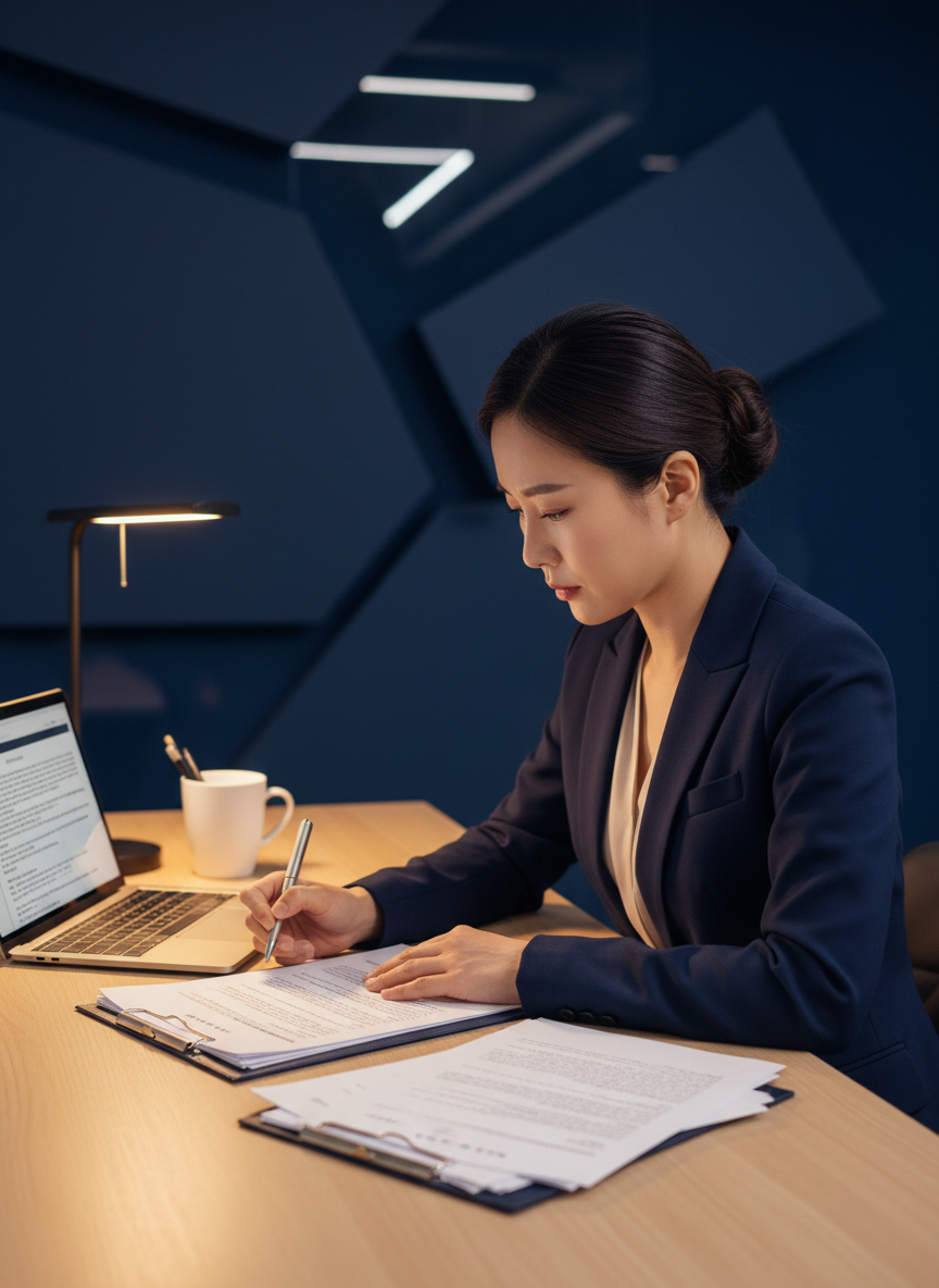 Professional Korean-Japanese business translator working on legal contract documents at a modern office desk