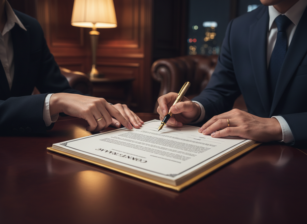 Elegant dark navy corporate scene, close-up of two business professionals reviewing and signing a bilingual legal contract document on a polished dark wood table