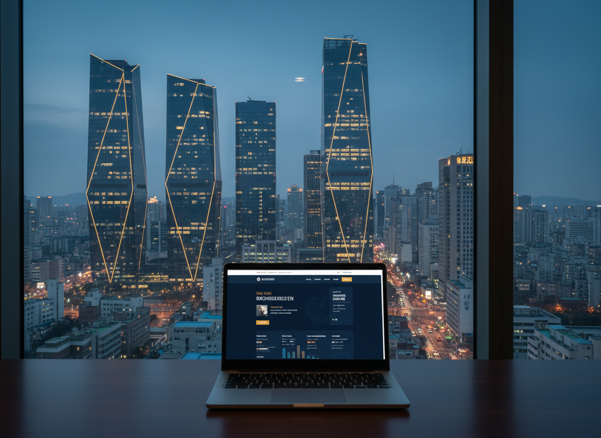 Korean business district skyline with glass office towers at dusk and a laptop displaying a multilingual website