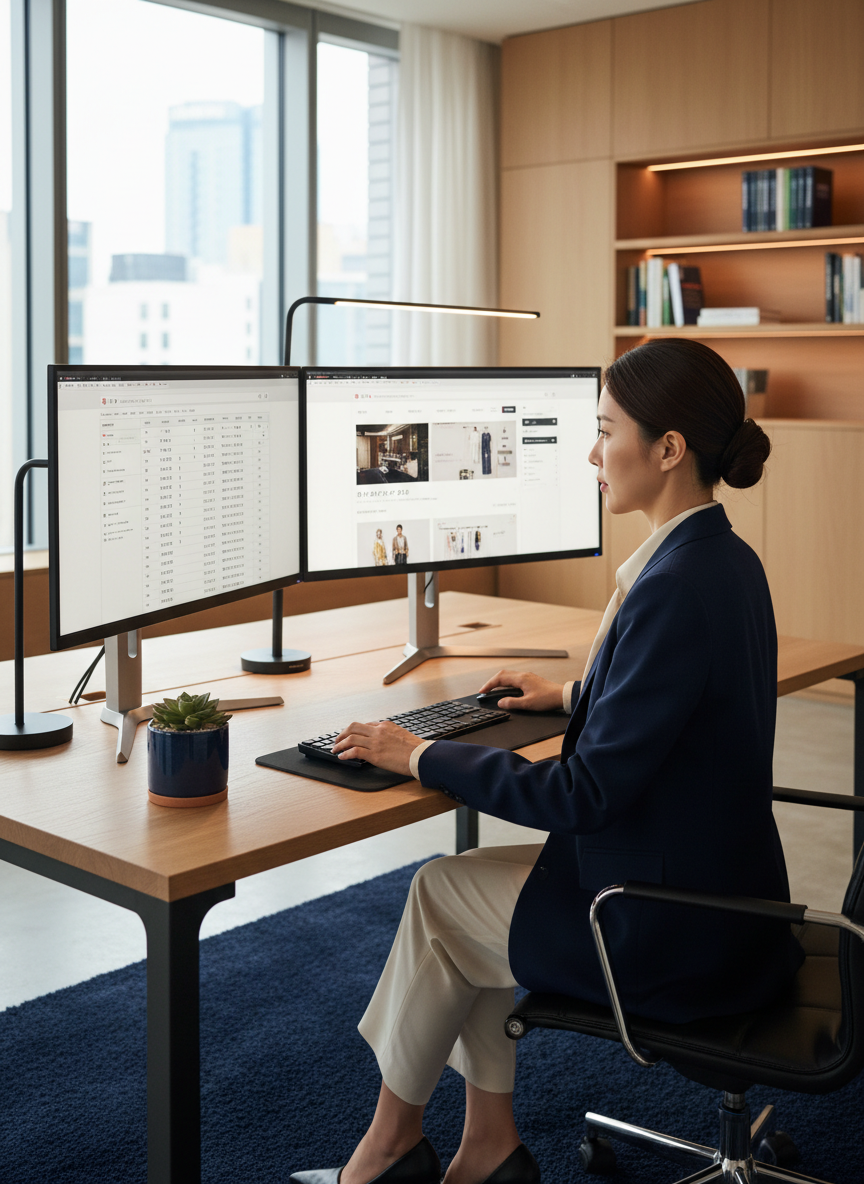 A professional translator working at dual monitors on a website localization project with Korean and Japanese text