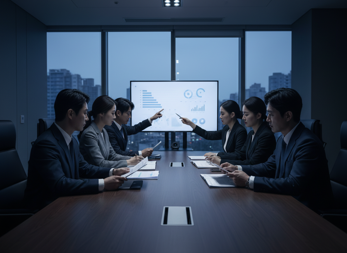 Professional medical translation context: a serious business meeting in a modern Korean hospital or pharmaceutical company boardroom, professionals in formal attire reviewing medical documents, clean corporate environment, dark cinematic lighting, deep navy tones, no text