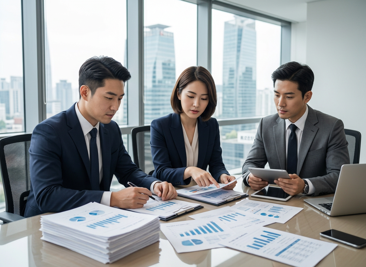Close-up of a professional interpreter and medical experts reviewing pharmaceutical documents and medical device manuals on a modern desk, formal business attire, competent and reliable atmosphere, natural office lighting, professional photographic style