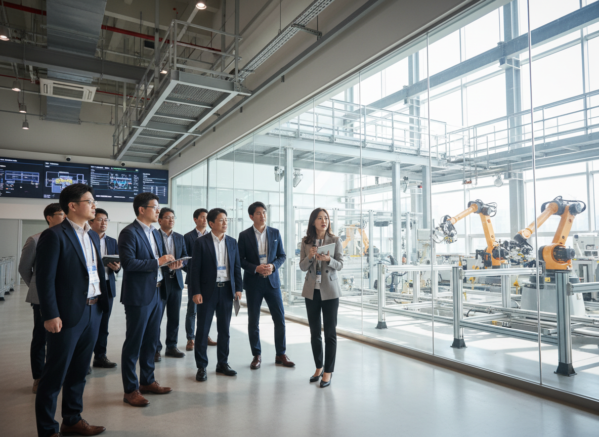 Japanese business executives in smart business casual attire on a corporate study tour in a modern Korean manufacturing facility or research institute. A professional Korean interpreter standing beside them, facilitating communication. Clean, modern industrial environment with glass walls and steel structures. Natural lighting, candid documentary style, not staged. Wide angle shot showing the environment context.