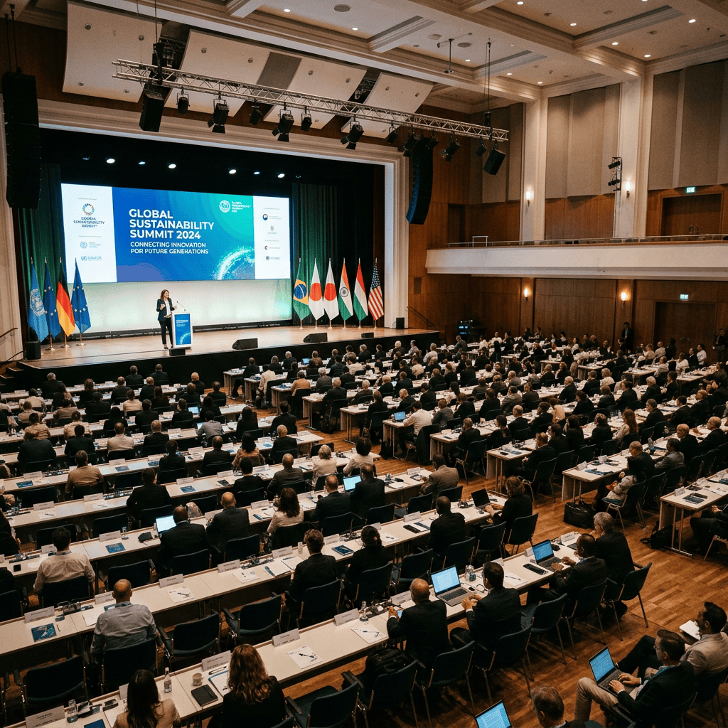 Conference room with speaker at podium and audience at Global Sustainability Summit 2024
