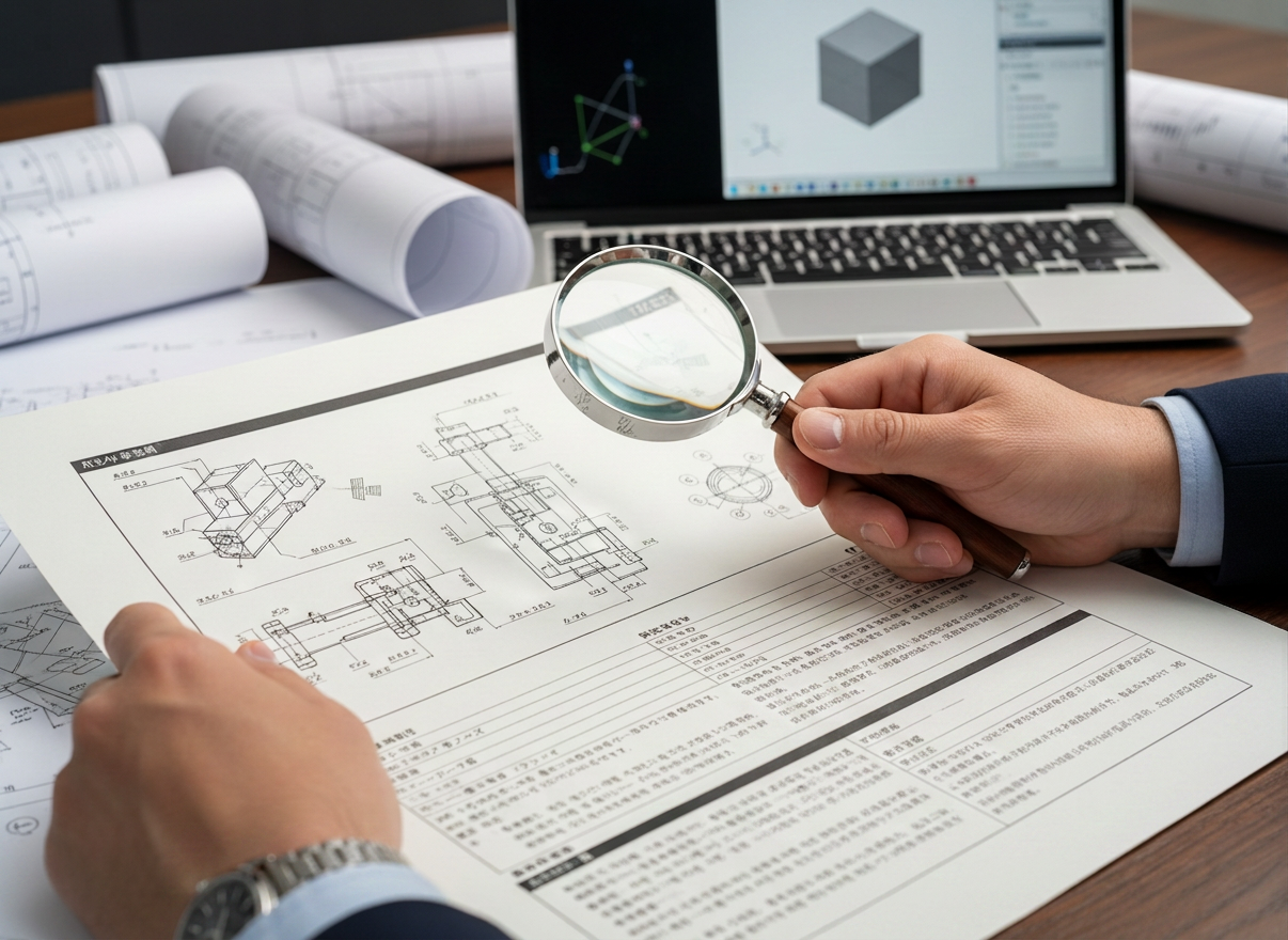 Close-up professional photograph of hands reviewing a technical patent document with engineering diagrams and Japanese and Korean text, magnifying detail, laptop and technical drawings on a clean desk, navy and gold professional palette, sharp editorial business photography