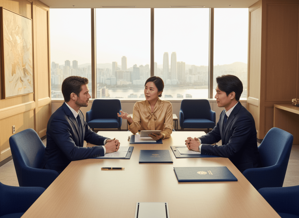 Professional business interpretation scene in Seoul, Korea. Two business people in formal attire having a meeting across a table with documents, a Korean interpreter sitting between them. Modern conference room with subtle Korean cityscape visible through large windows. Clean, sophisticated atmosphere with navy and gold color tones. Professional editorial style photography.