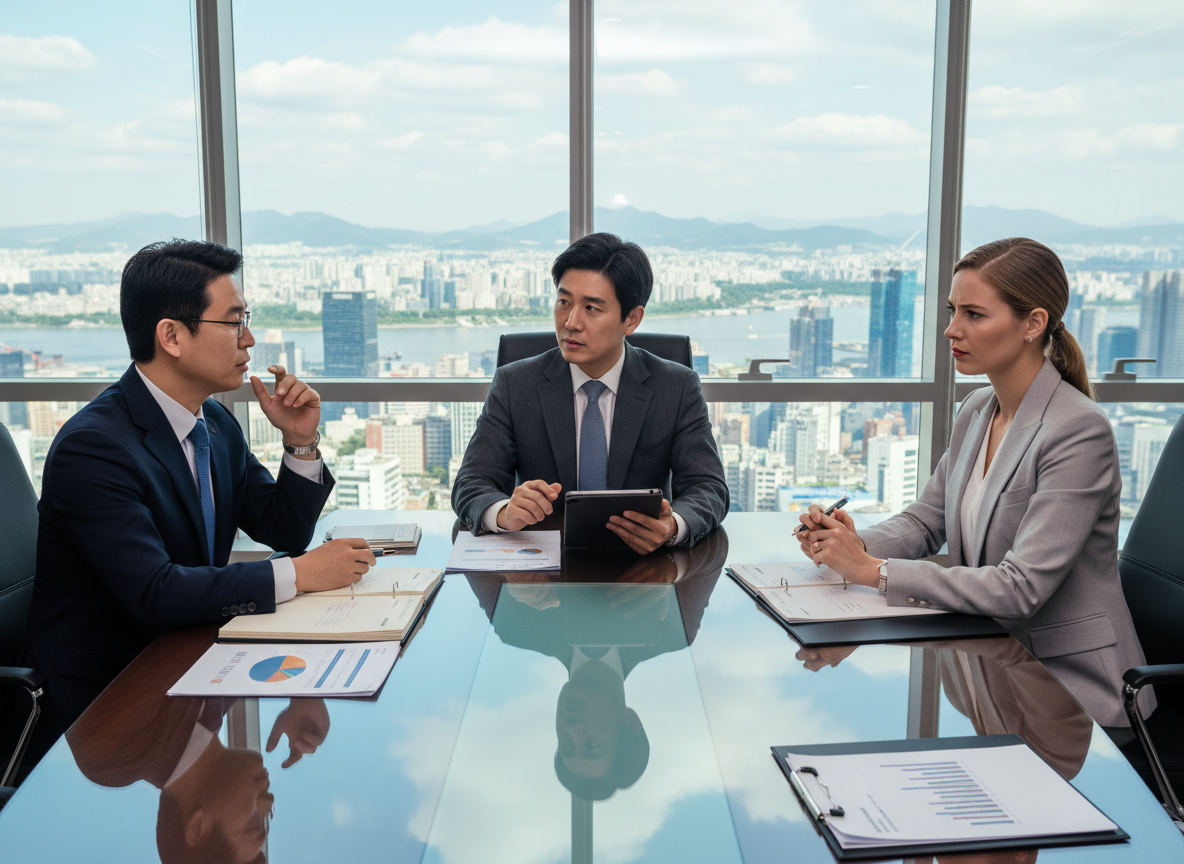 Professional business meeting with a Korean interpreter in a Seoul office