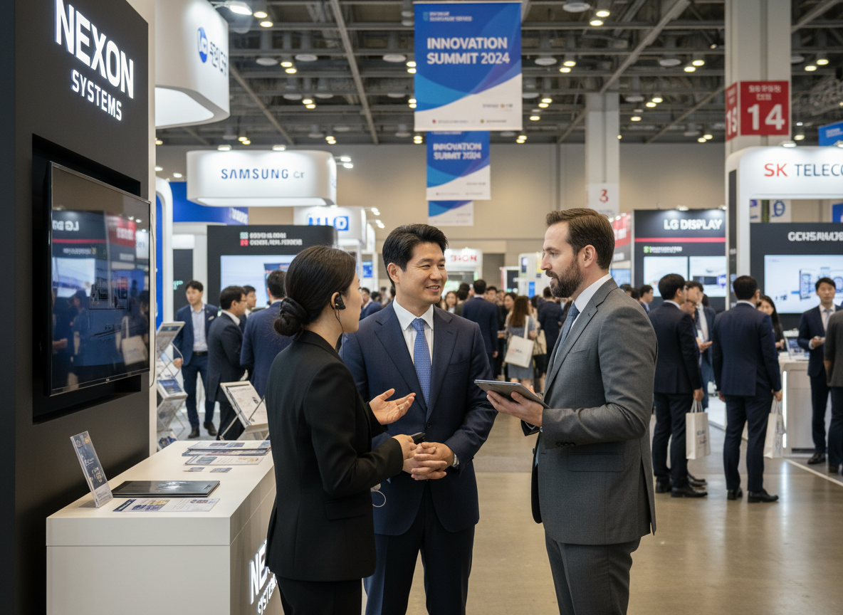 Interpreter assisting at a Korean trade show exhibition
