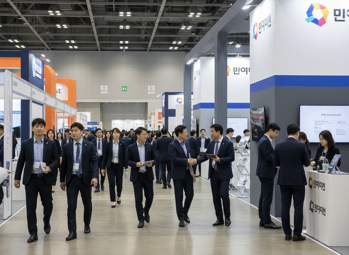 A professional business scene at a large Korean trade show exhibition hall. Wide shot of a busy exhibition floor with modern booths, corporate banners, and business professionals in suits walking and networking. Clean, realistic photography style. No text, no Korean writing, no signs with text visible. Natural lighting, photorealistic, shot with a wide angle lens. No AI artifacts, no distorted hands or faces.