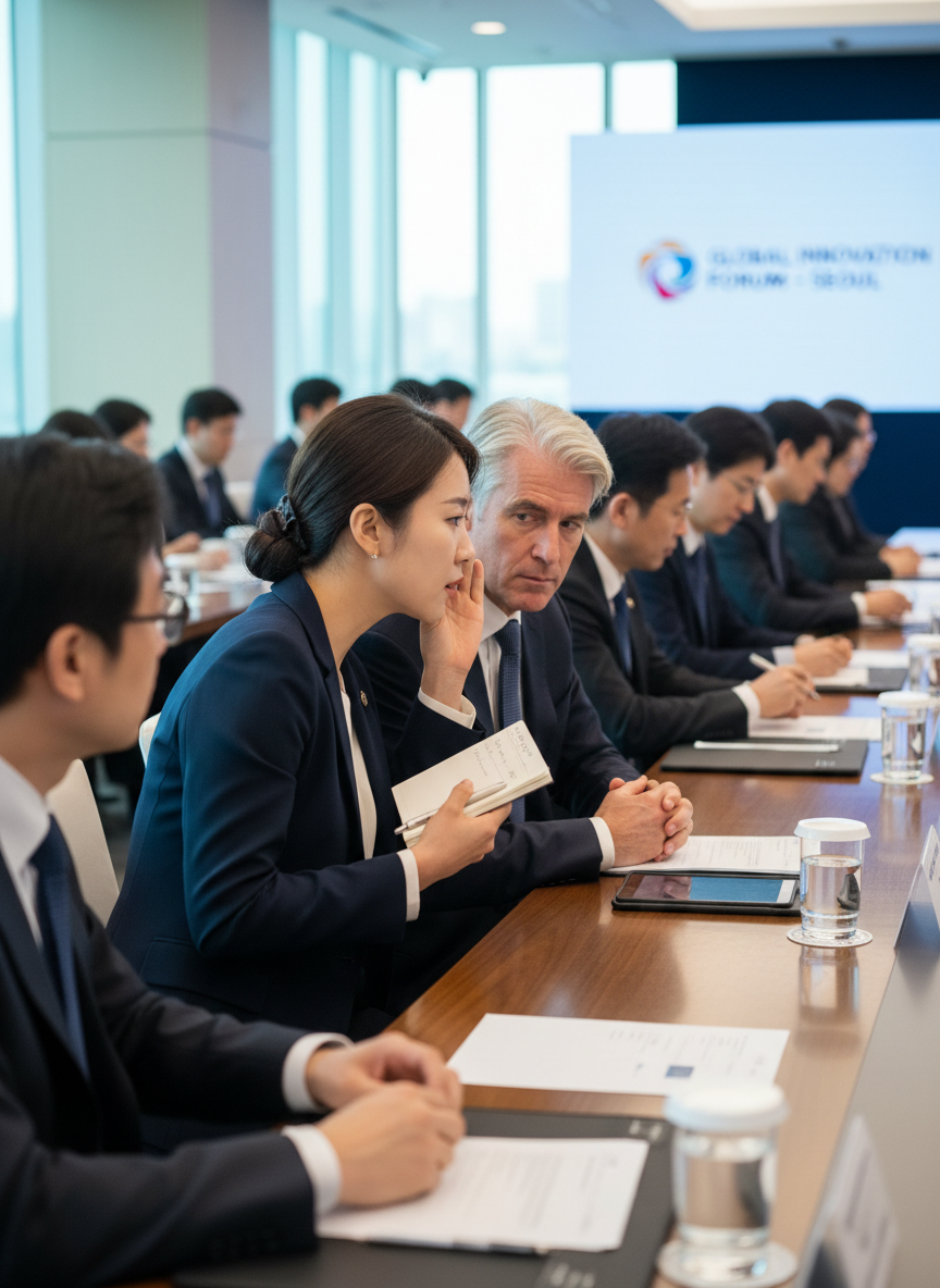 Korean interpreter working with a foreign executive at a Seoul conference meeting table — candid snapshot