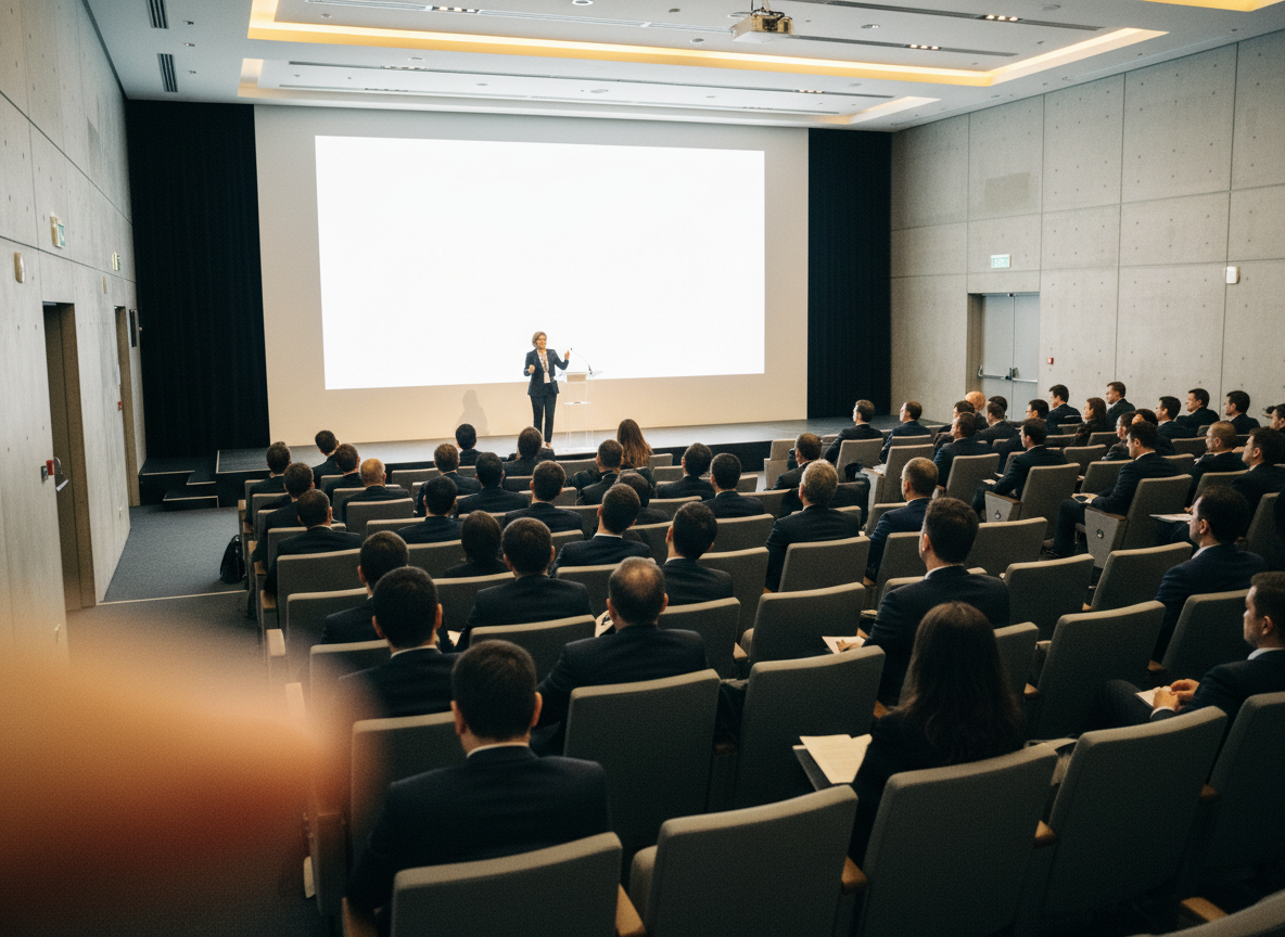 Candid handheld snapshot of a business conference seminar. Wide shot of a packed conference room: rows of attendees in business attire facing a presenter at the front. Modern neutral-colored conference hall, clean stage, soft overhead lighting. Slightly imperfect framing — like someone casually raised their phone from their seat. Natural film grain, mild motion blur on edges, no tripod polish. Absolutely zero Korean text, zero banners with Asian characters, no signage of any kind. Feels completely unstaged, real, human. Shot on a smartphone. Muted, warm tones.