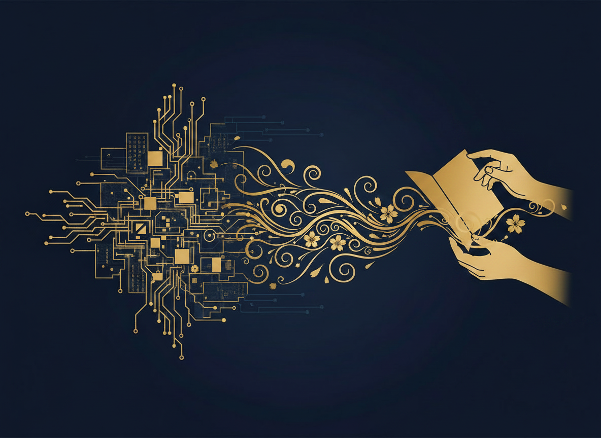 A sophisticated editorial illustration showing the contrast between machine/AI translation and human professional translation. Abstract concept art with no text: on one side, circuit board patterns and binary code flowing through geometric shapes representing AI/machine processing; on the other side, a refined human silhouette or hands working thoughtfully with documents, representing professional expertise. Connected by elegant flowing lines suggesting the bridge between technology and human judgment. Deep navy blue and gold color palette. Clean, premium, minimalist aesthetic. No text, no letters, no numbers, no labels.