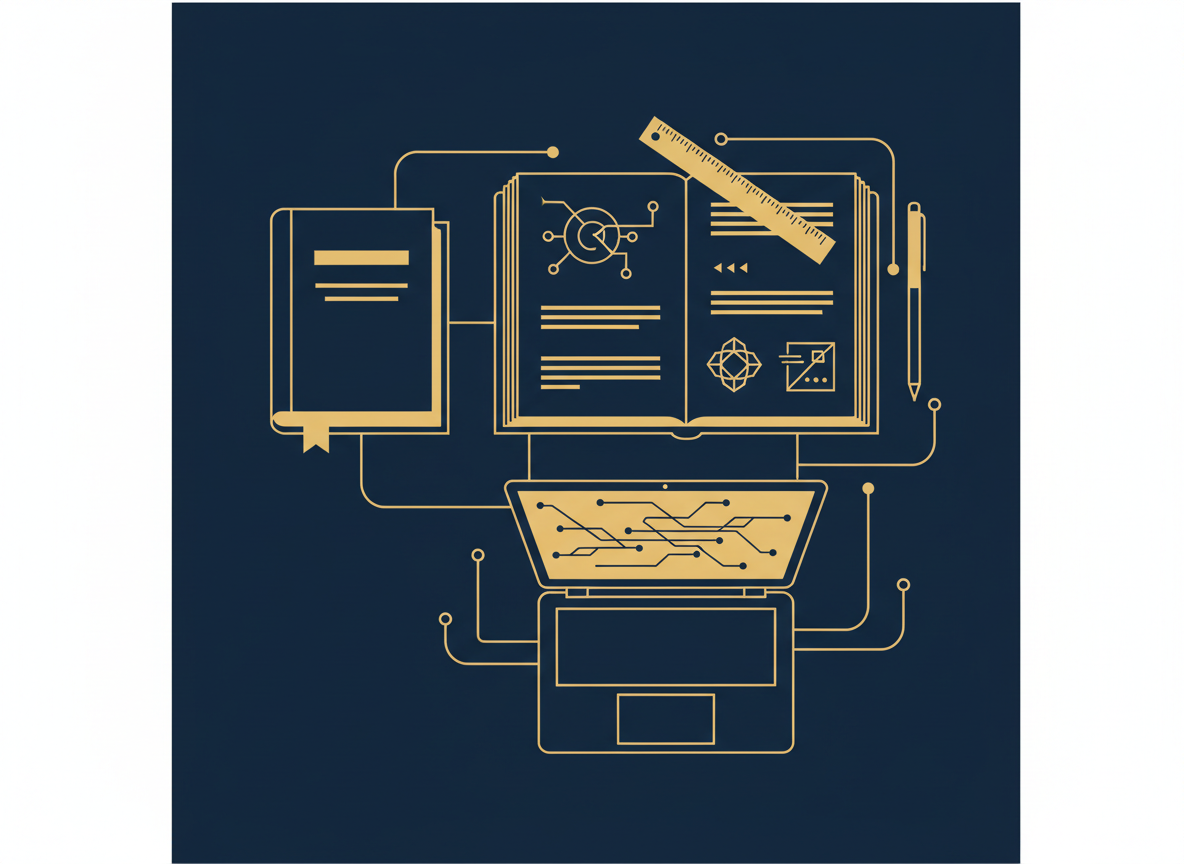 A sophisticated, professional illustration for a Japanese-Korean technical manual translation service. Show a clean desk workspace with an open technical manual/document, a Japanese-Korean bilingual dictionary or reference book, precision tools like a ruler and pen, and a modern laptop. The scene is rendered in a flat design style with a navy (#0f2744) and gold (#c8a646) color palette. No text, no Korean characters, no Japanese characters, no Chinese characters anywhere in the image. Abstract, icon-like, minimal and elegant. Professional business aesthetic.