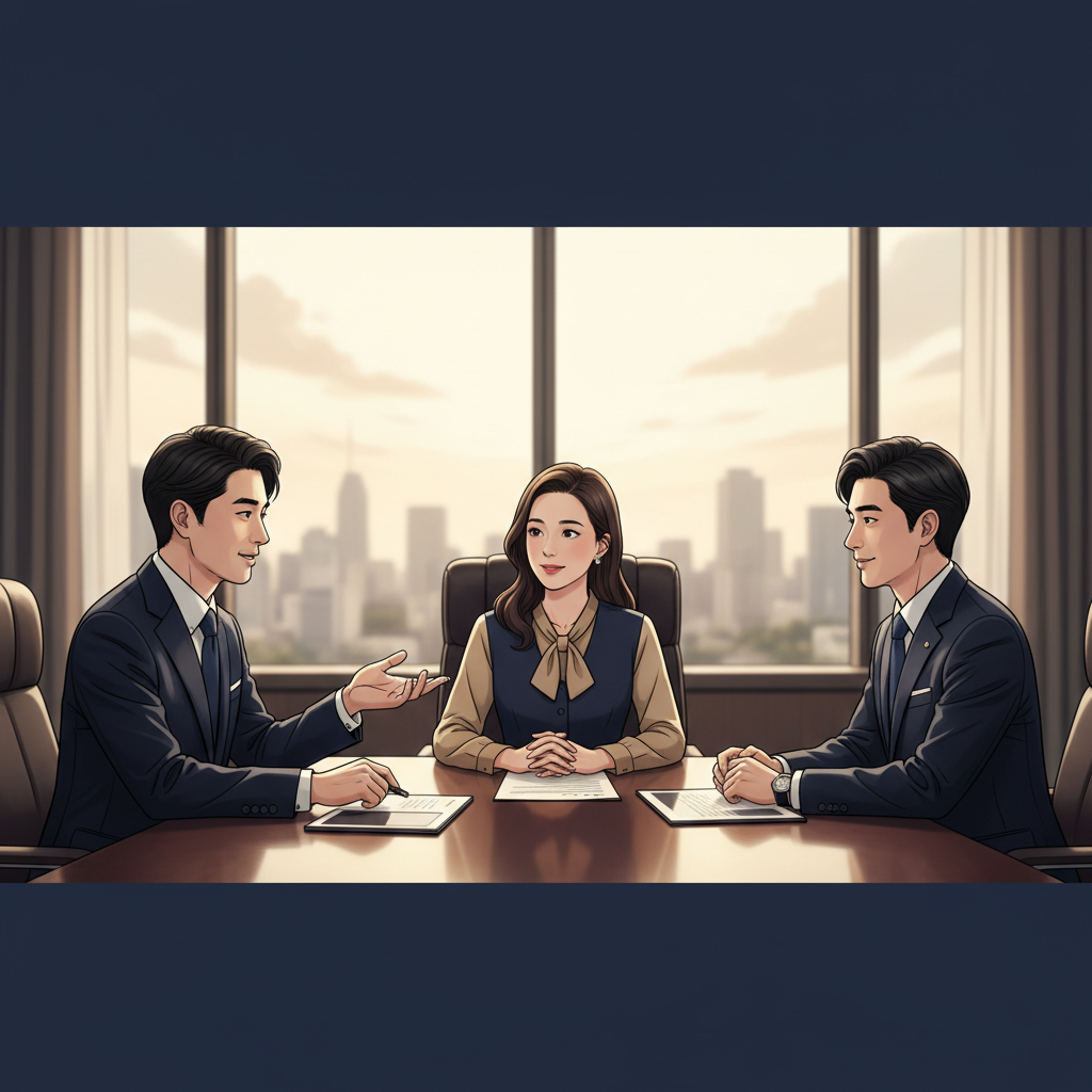高級感のある洗練された editorial illustration for a Japanese business column about arranging Korean on-site interpretation. Show a professional Japanese business representative and a Korean business partner in an elegant Seoul meeting room, with a poised interpreter facilitating a business discussion. Premium navy and muted gold color palette, refined corporate atmosphere, subtle Seoul city skyline through the window, tasteful composition, no readable text, no logos, realistic editorial illustration style.